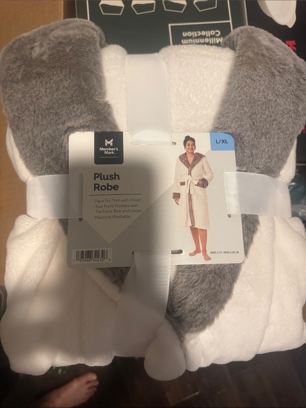 Plush Hooded Robe with Faux Fur Trim - White & Gray- LARGE